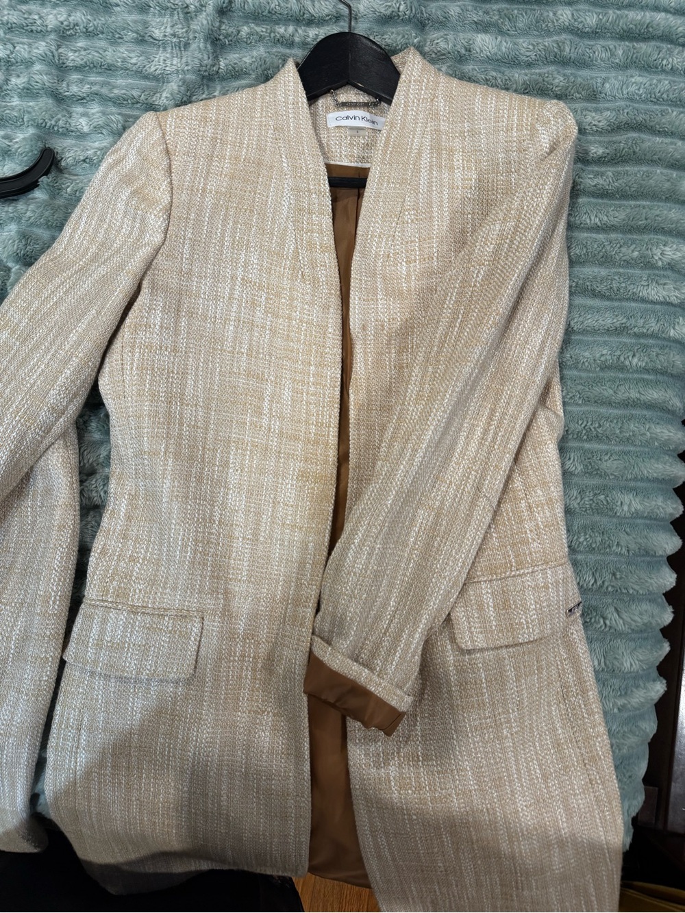 Calvin Klein Cream-Beige Tweed Open-Front Women's Blazer and Skirt Set